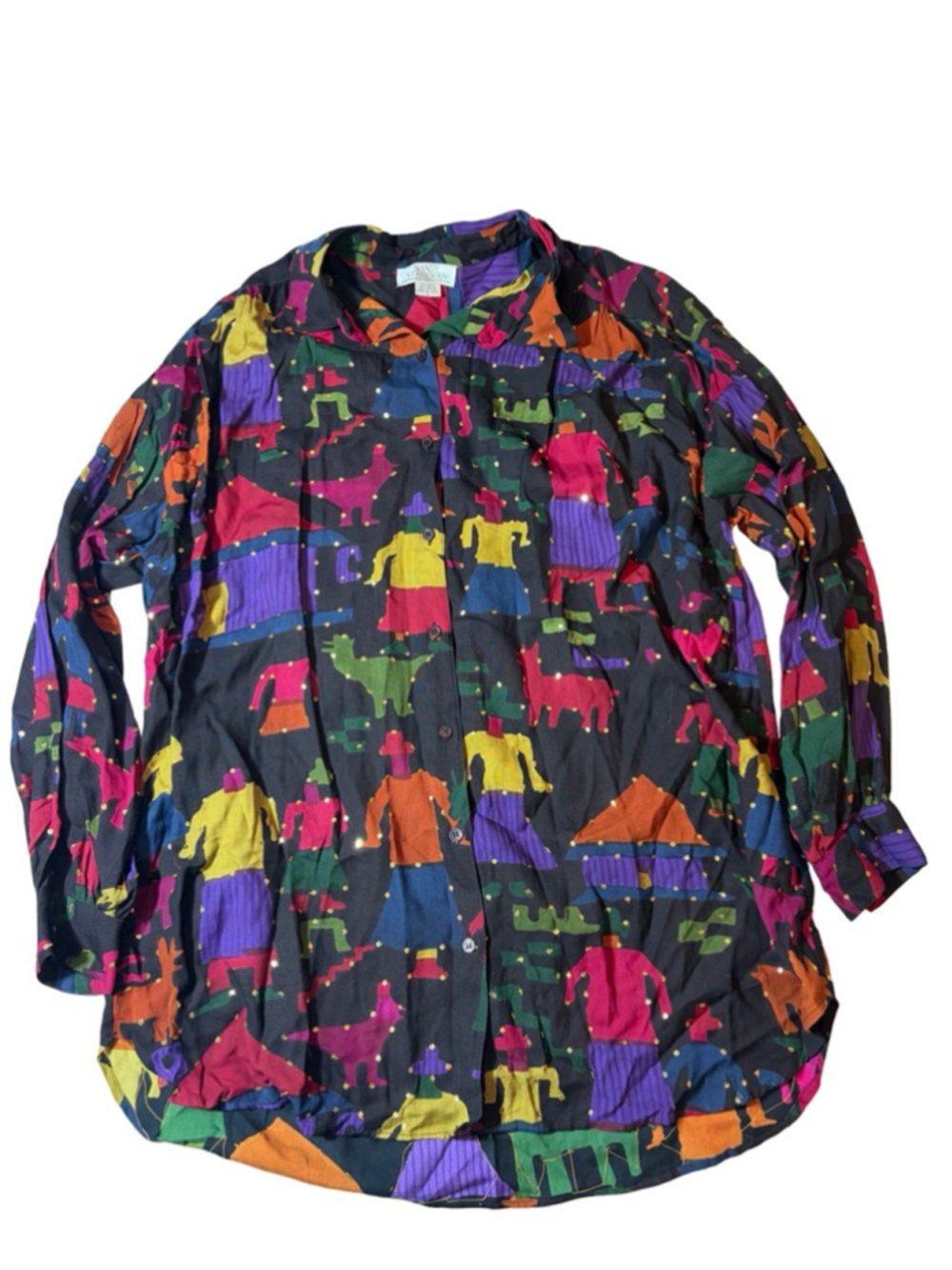 Vintage Sandy Starkman Abstract Folk Art Rayon Blouse L Art Teacher Maximalist